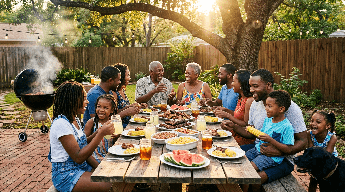 A multigenerational Black family laughs and shares food at a golden‑hour backyard cookout, symbolizing psychological well‑being in Black America through joy, heritage, storytelling, and love passed across generations.