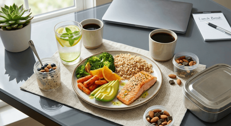 A colorful plate of vegetables, whole‑grains, lean protein, and healthy fats sits on a sun‑lit table, illustrating balancing carbs protein fat energy for steady focus and sustainable nourishment throughout the day.