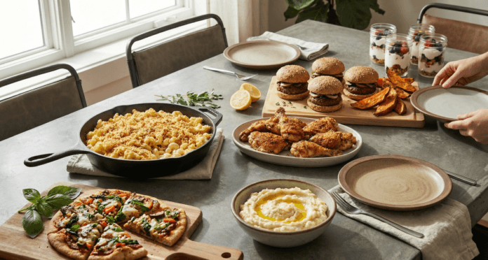 A bright kitchen counter shows classic ingredients beside modern alternatives butter next to olive oil, white pasta beside whole‑grain, cream near Greek yogurt demonstrating healthy comfort food swaps in practical, easy home cooking.