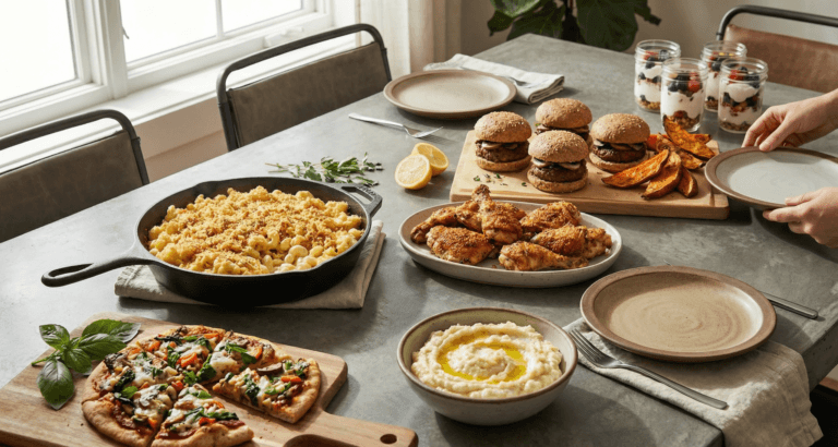 A bright kitchen counter shows classic ingredients beside modern alternatives butter next to olive oil, white pasta beside whole‑grain, cream near Greek yogurt demonstrating healthy comfort food swaps in practical, easy home cooking.