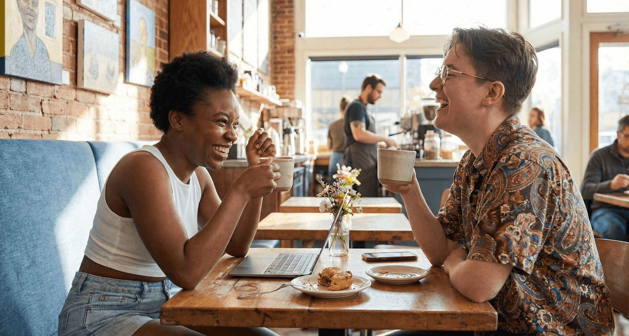 Two friends laugh over coffee at a sunlit café table, embodying social fitness and health through genuine connection, shared humor, and everyday moments of emotional well‑being.