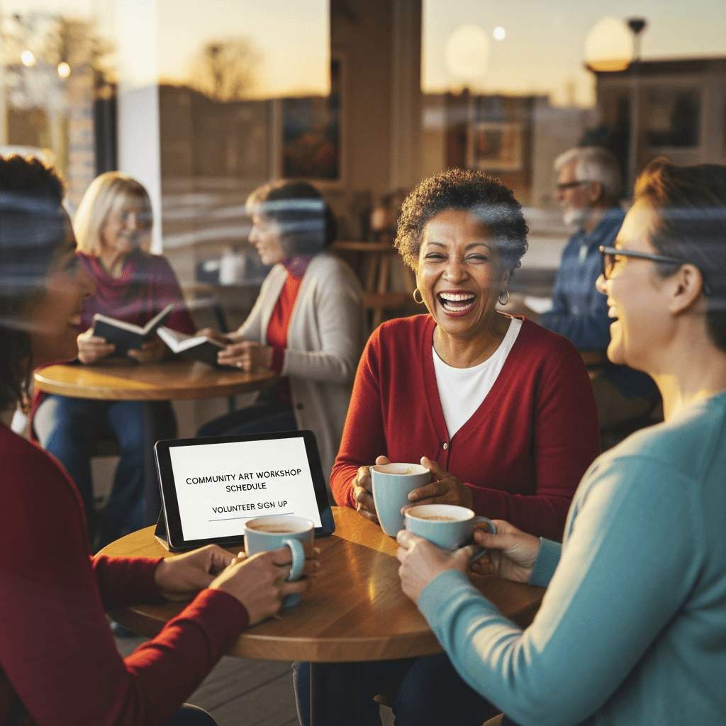 A woman in her early 60s laughs with a friend over coffee in warm sunset light, highlighting grey divorce as an opportunity for social reconnection, independence, and joyful new community engagement after change.