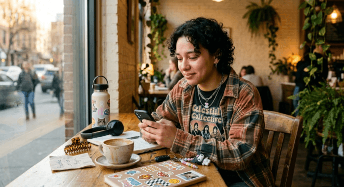 A young adult sits alone in warm café light, reading a message on their phone with quiet relief, portraying ghosting and healthy closure as emotional calm regained through reflection and gentle acceptance.