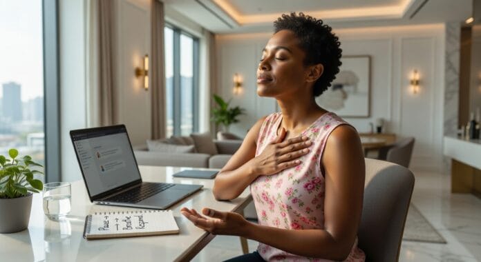 A professional pauses with one hand on their chest and eyes closed in natural light, modeling emotional regulation skills by choosing calm breathing and presence before responding to a digital trigger.