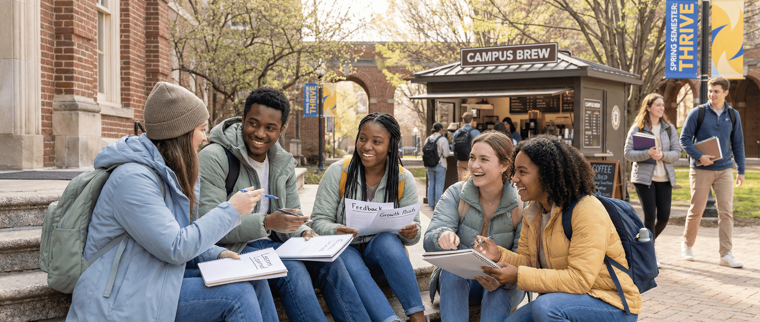 A group of college students laughs together on campus steps reviewing feedback marked “Lessons Learned,” symbolizing academic anxiety growth mindset by celebrating learning, collaboration, and resilience beyond grades.