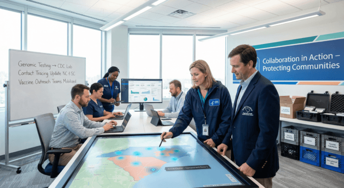 CDC and state health officials collaborate around a digital map of the Carolinas, illustrating CDC measles response 2026 through coordinated vaccination tracking, contact tracing, and calm, evidence‑based teamwork.