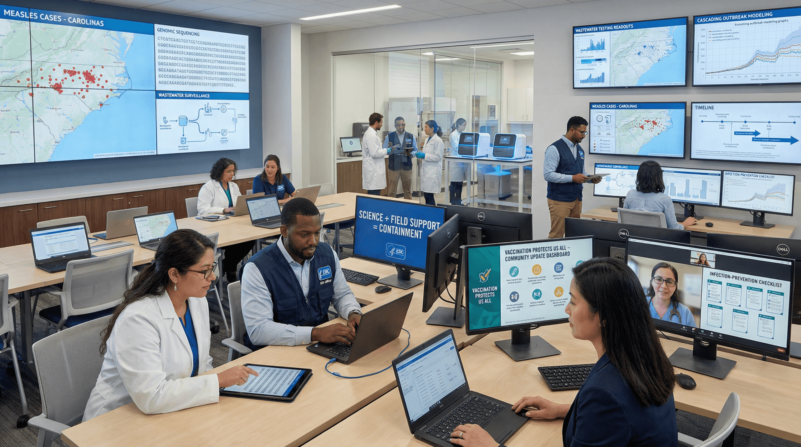 CDC specialists and partners collaborate in a bright operations hub analyzing genomic, contact‑tracing, and wastewater data, portraying CDC measles response 2026 as unified science, communication, and field coordination in real time.