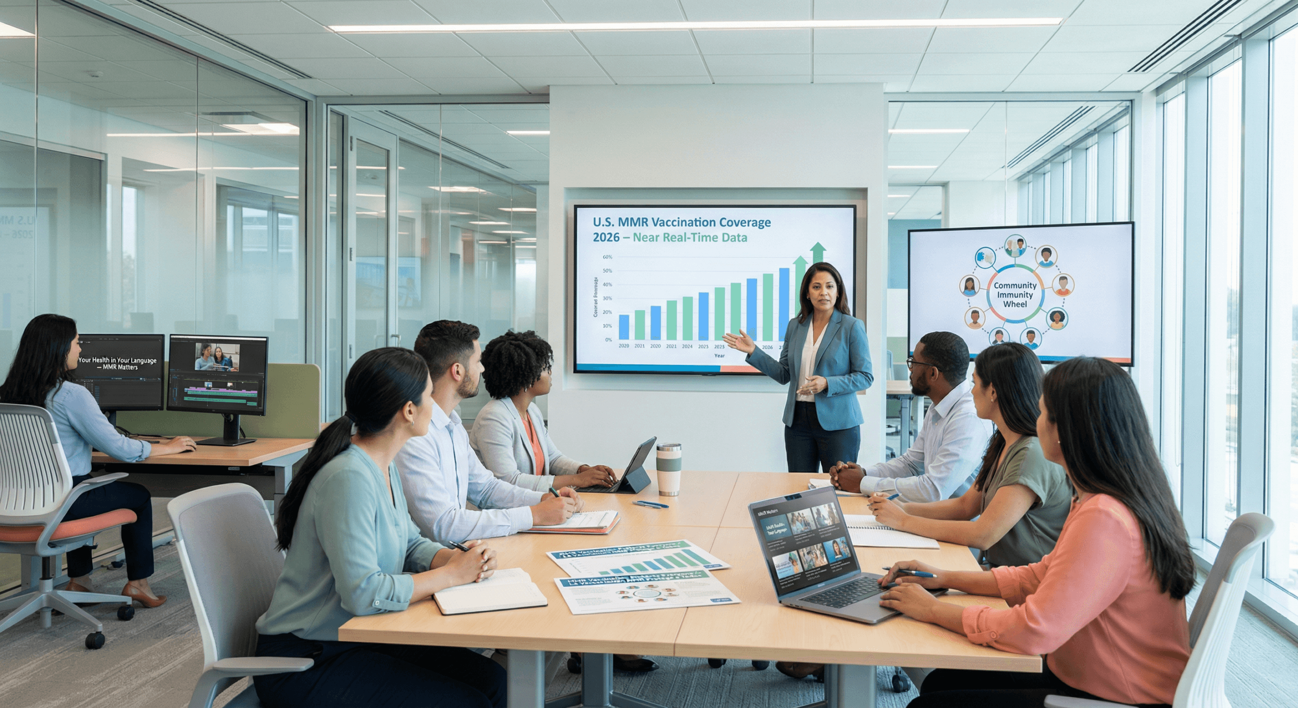 A CDC spokesperson explains real‑time U.S. MMR vaccination data to journalists in a bright media room, illustrating CDC measles response 2026 through transparent communication, bilingual materials, and calm public engagement.