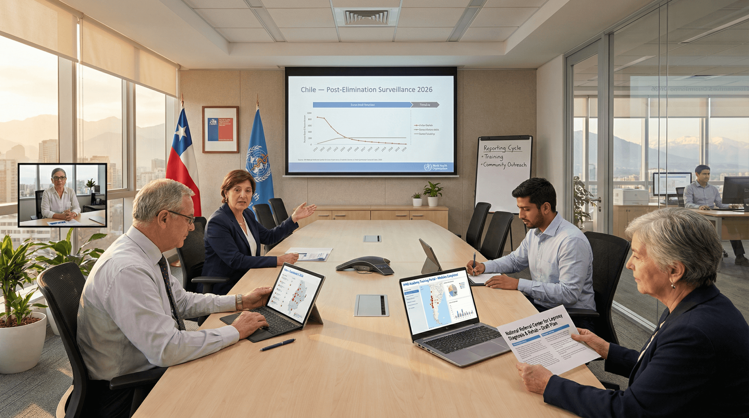 Chilean public‑health leaders meet in a bright Ministry conference room reviewing surveillance data and training modules, representing Chile leprosy elimination WHO partnership and ongoing vigilance to sustain elimination through national planning.