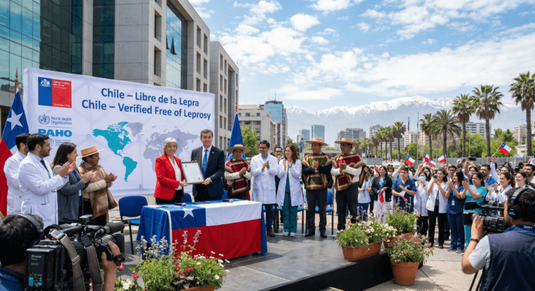Health officials and WHO representatives celebrate in Santiago as a certificate is presented verifying Chile leprosy elimination WHO milestone, symbolizing national pride and global cooperation in disease control.