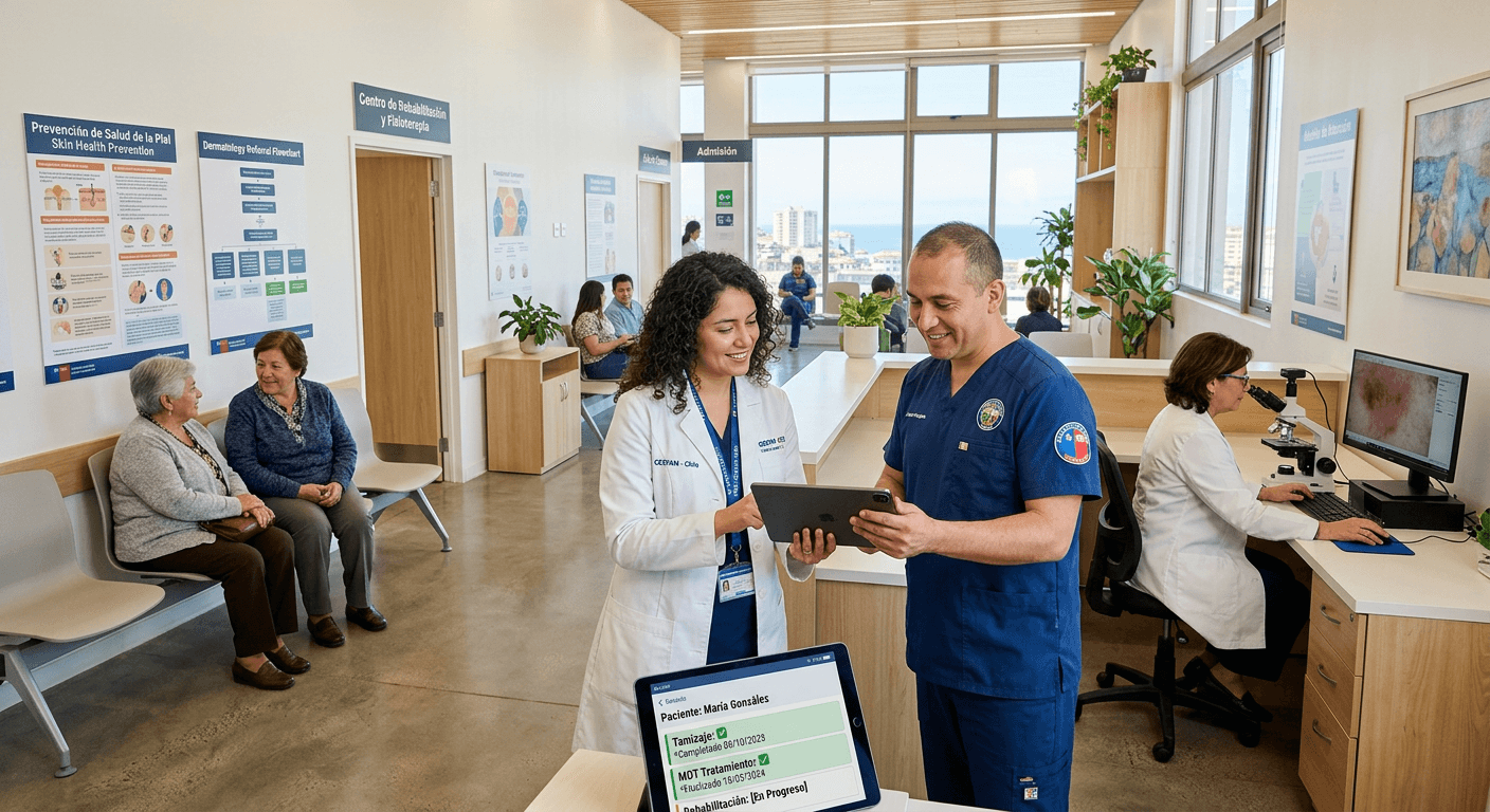 Chilean clinicians collaborate in a bright primary‑care clinic using a tablet to review completed treatment records, representing Chile leprosy elimination WHO standards through coordinated detection, rehabilitation, and community‑based care.