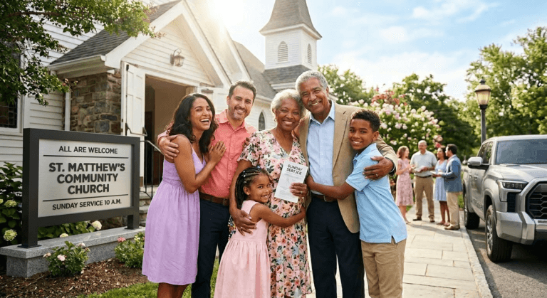 An intergenerational family embraces joyfully on church steps after Sunday service, symbolizing psychological well‑being in Black America through faith, family connection, and uplifting community belonging.