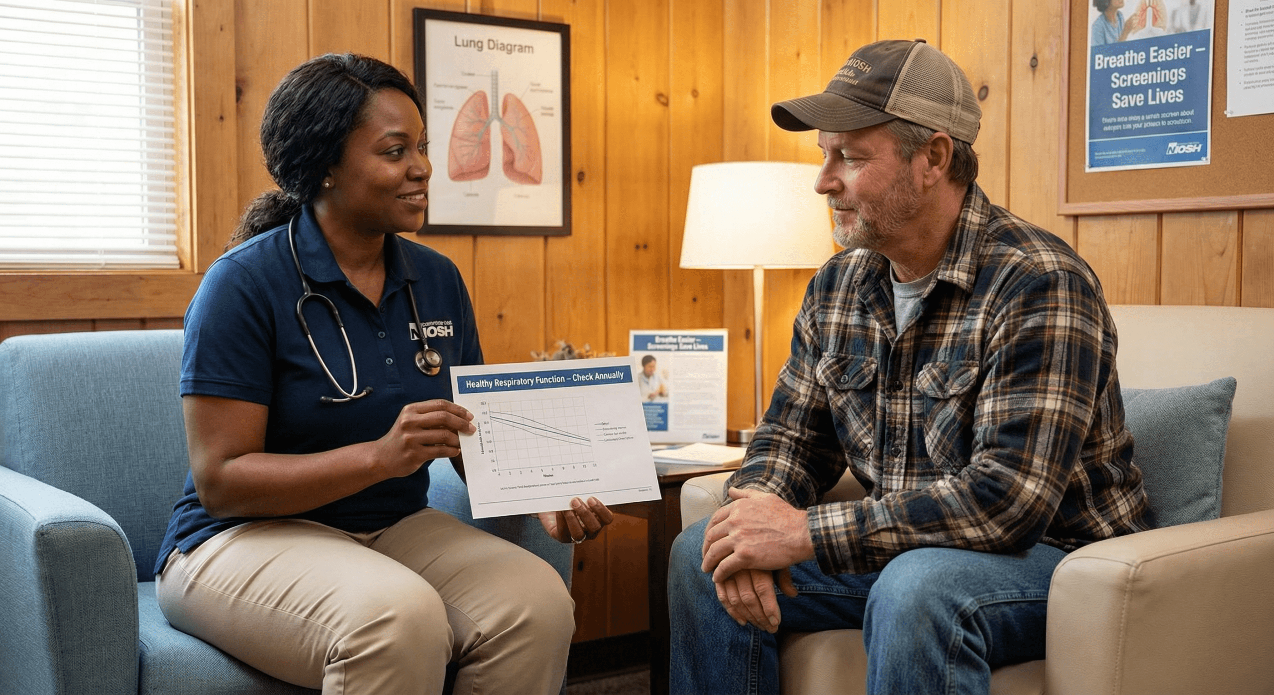 A NIOSH nurse practitioner reviews printed test results with a miner in a warm clinic office, symbolizing NIOSH coal miner screening 2026 and the preventive conversation that empowers workers through early, trustworthy respiratory‑health feedback.