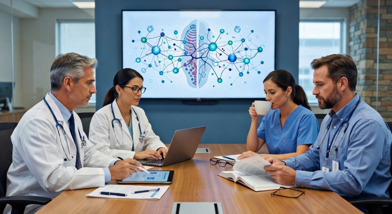 Clinicians review treatment checklists and webinar slides titled “AUA × HHS Clinical Webinar   Safe Local Estrogen Therapy,” illustrating HHS estrogen therapy menopause training that promotes collaboration, safety, and evidence‑based care.