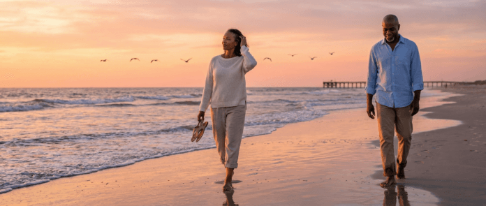 A mature Black couple walks apart yet peacefully along a sunlit shoreline at sunset, symbolizing grey divorce with reflection, independence, and quiet hope as each finds calm renewal after emotional transition.