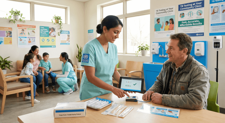 A health‑care worker in teal scrubs with a WHO logo explains a new rapid test to a patient, illustrating the WHO tuberculosis diagnosis update and expanded access to faster, community‑level TB testing.