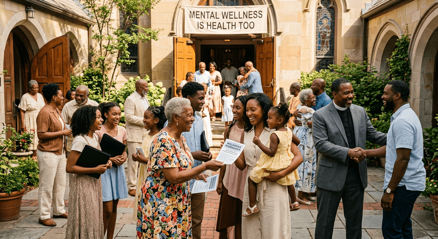 Congregants of all ages share handshakes, hugs, and laughter in a sunlit church courtyard, symbolizing psychological well‑being in Black America through community, faith, and open dialogue about mental wellness as cultural healing in action.