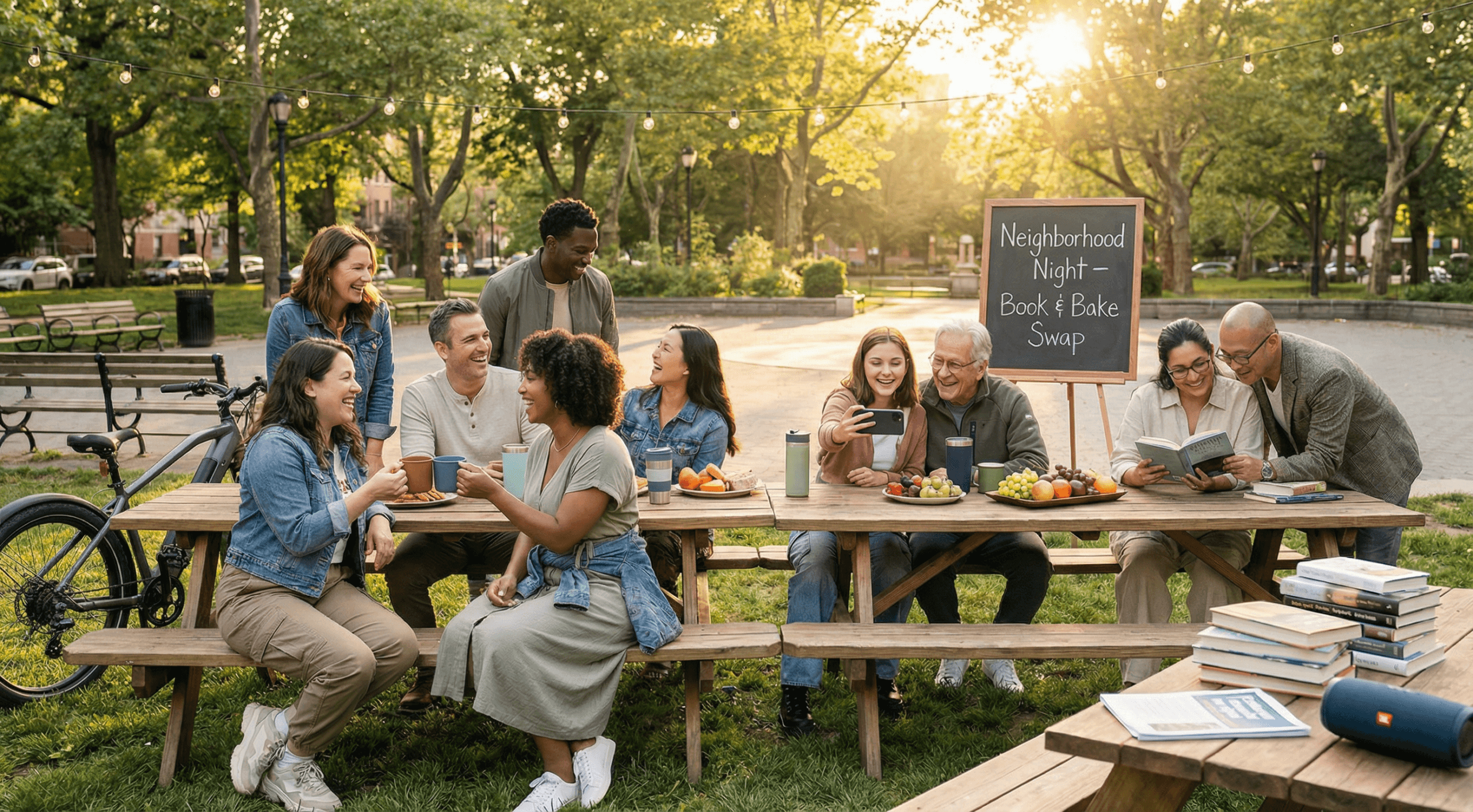 Neighbors of varied ages and backgrounds laugh and talk together at sunset in a park, illustrating social fitness and health by strengthening community ties through shared gatherings and genuine connection.
