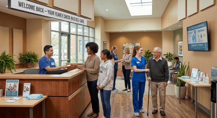 community-health-clinic-preventive-checkups-and-insurance-coverage.jpg Patients of different ages and backgrounds greet staff in a bright health‑clinic lobby, illustrating Preventive Checkups and Insurance Coverage as accessible, routine care that builds trust and well‑being across communities.