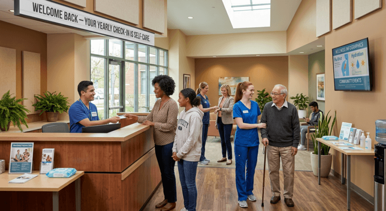 Patients of different ages and backgrounds greet staff in a bright health‑clinic lobby, illustrating Preventive Checkups and Insurance Coverage as accessible, routine care that builds trust and well‑being across communities.