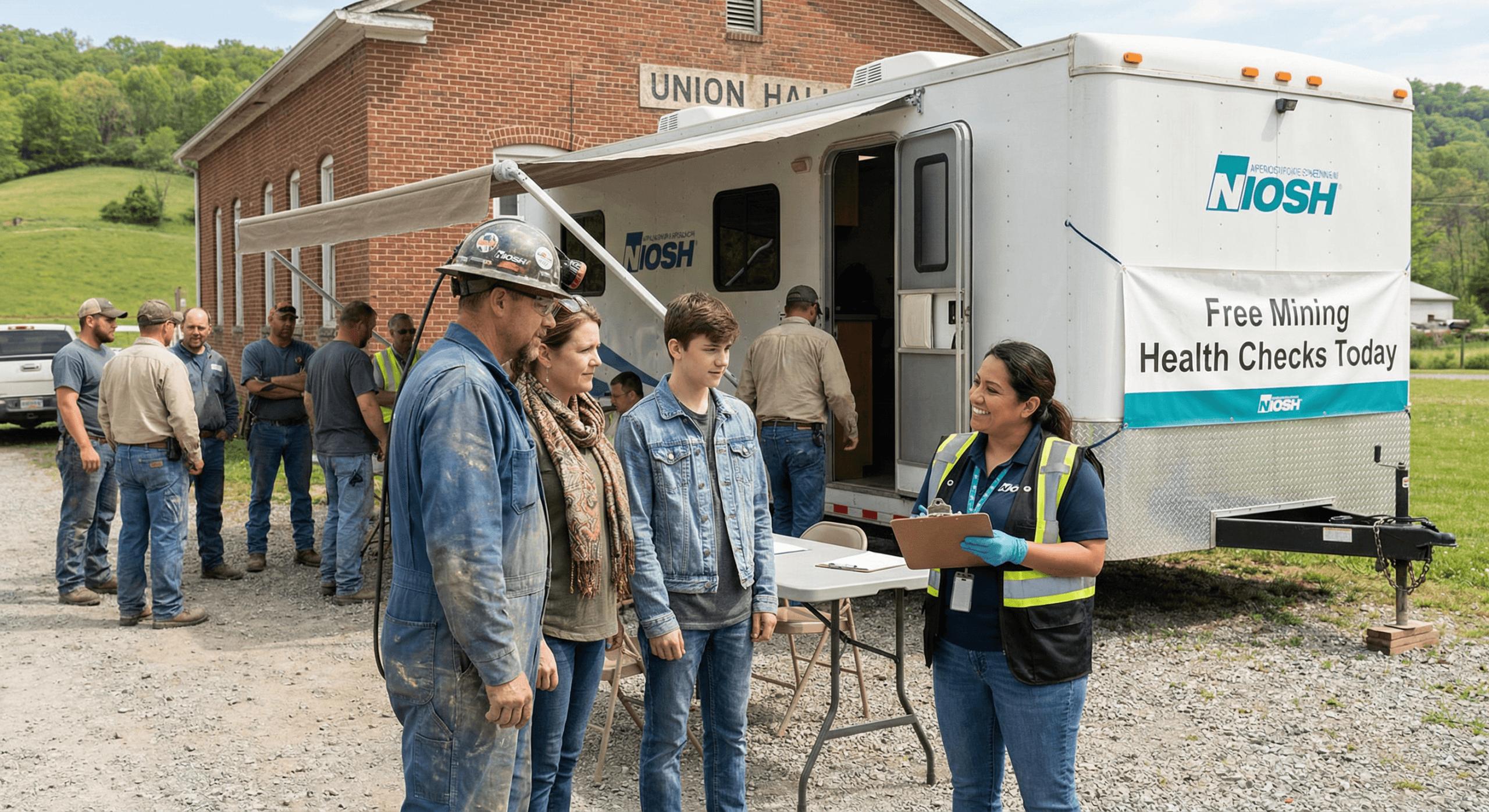 A NIOSH health liaison speaks with a coal‑miner family outside a community center, illustrating NIOSH coal miner screening 2026 as accessible, trusted outreach that brings preventive lung‑health care directly to mining towns.