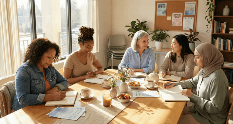 A diverse group of women writes together at a sun‑lit community‑center table, pens and notebooks scattered, illustrating redefining strength through creativity, storytelling, and intergenerational connection.