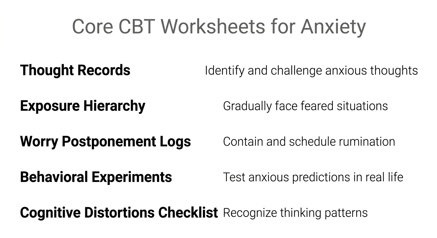 List diagram showing five core CBT worksheet types for anxiety including thought records, exposure hierarchy, worry logs, behavioral experiments, and cognitive distortions