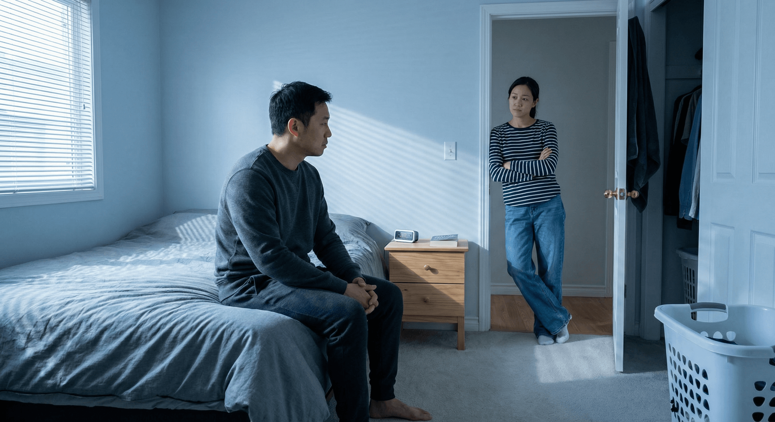 Asian man sitting on bed and white woman standing in doorway with cautious but present expressions in morning light