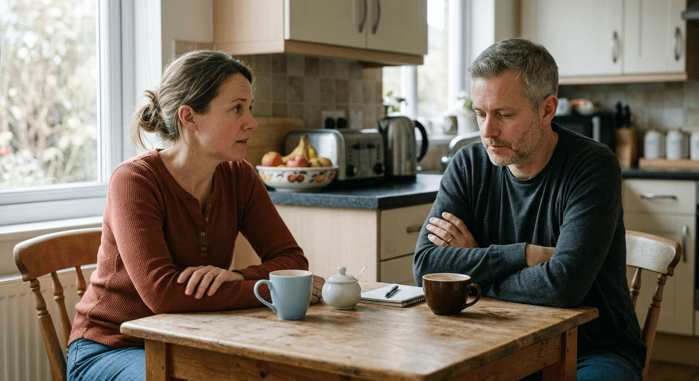 Couple at kitchen table with woman leaning forward and man looking away showing emotional distance in relationships
