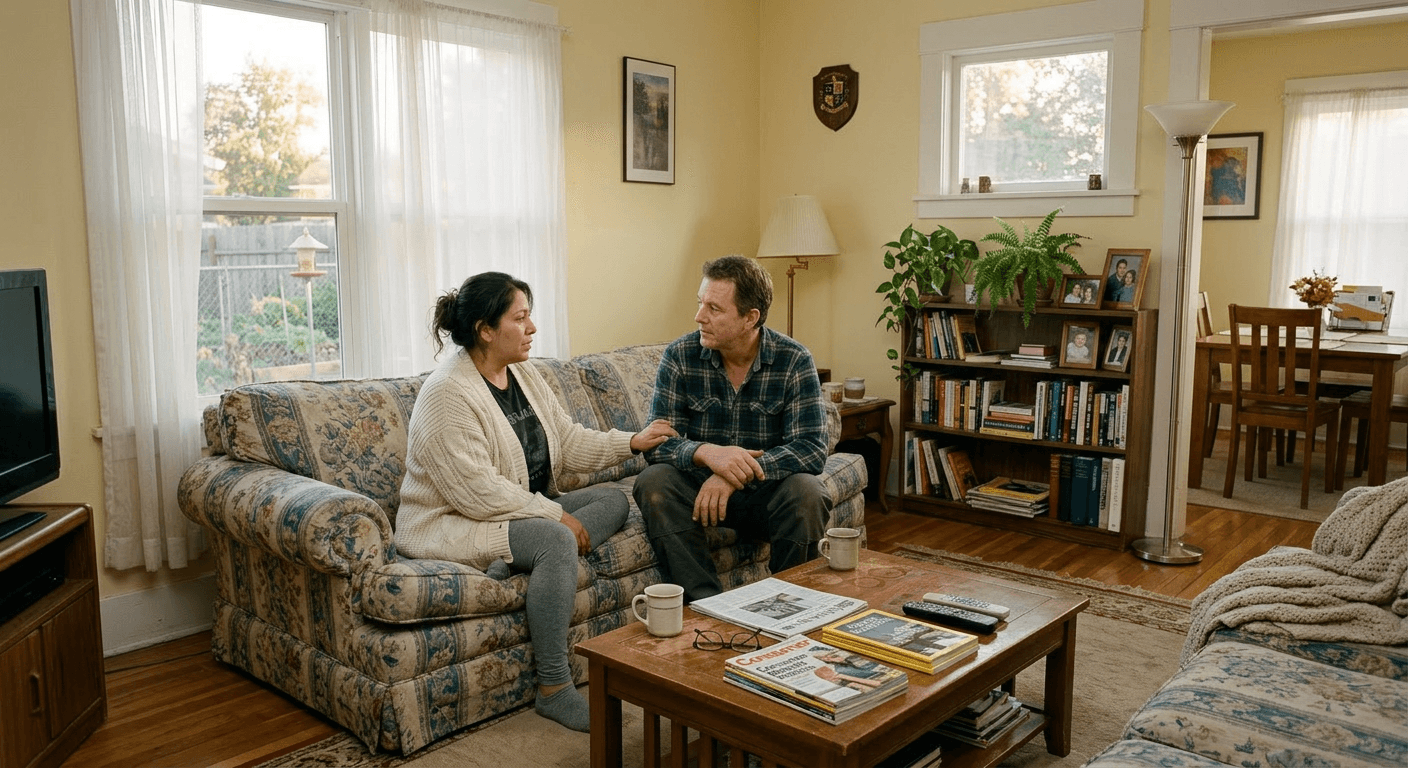 Latina woman and white man sitting close on couch in conversation with soft serious and listening expressions