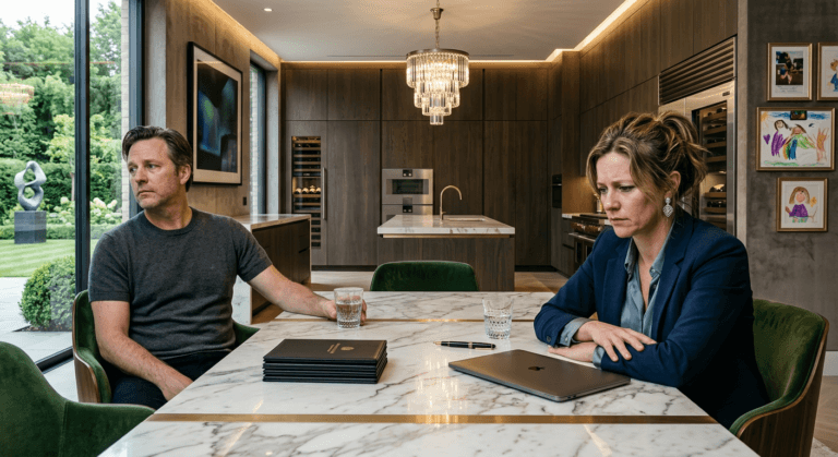 Couple in their forties sitting at opposite ends of kitchen table with tired distant expressions in evening light