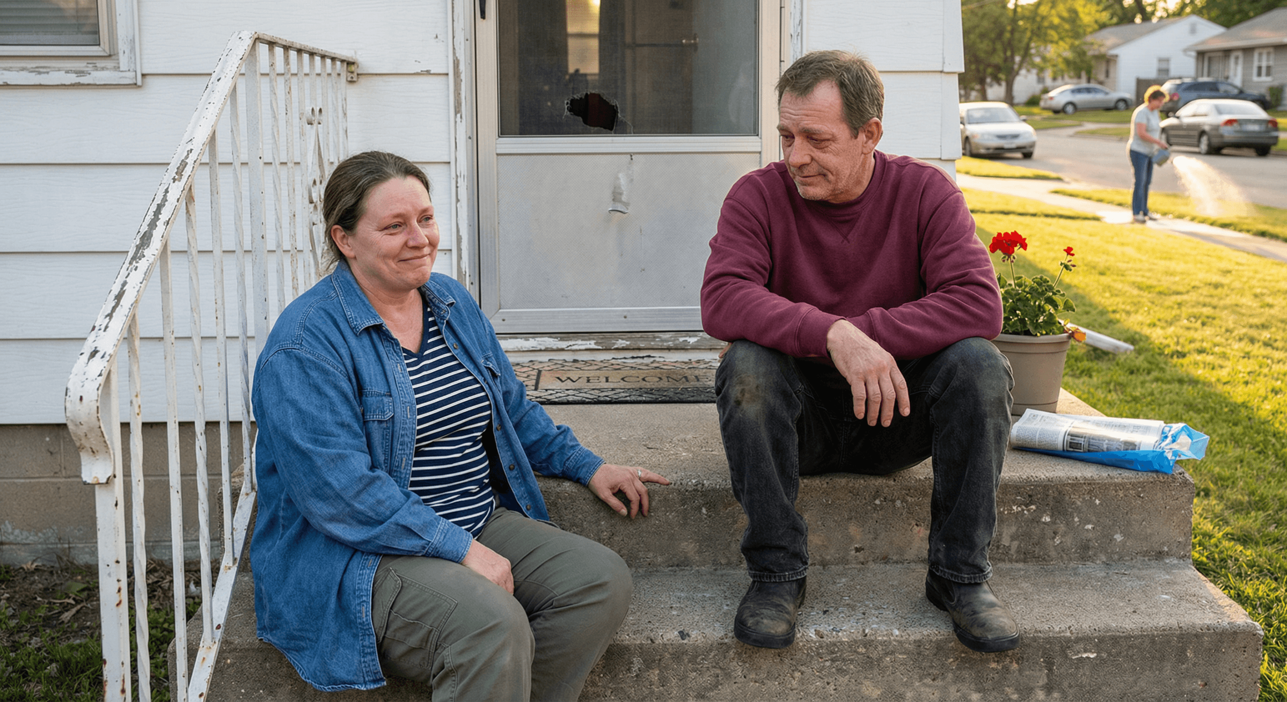 White couple in their fifties sitting on front steps with tentative smiles and softened expressions after conflict in golden hour light
