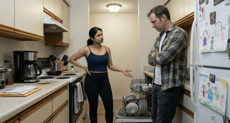 South Asian woman and white man standing on opposite sides of open dishwasher with frustrated and guarded expressions