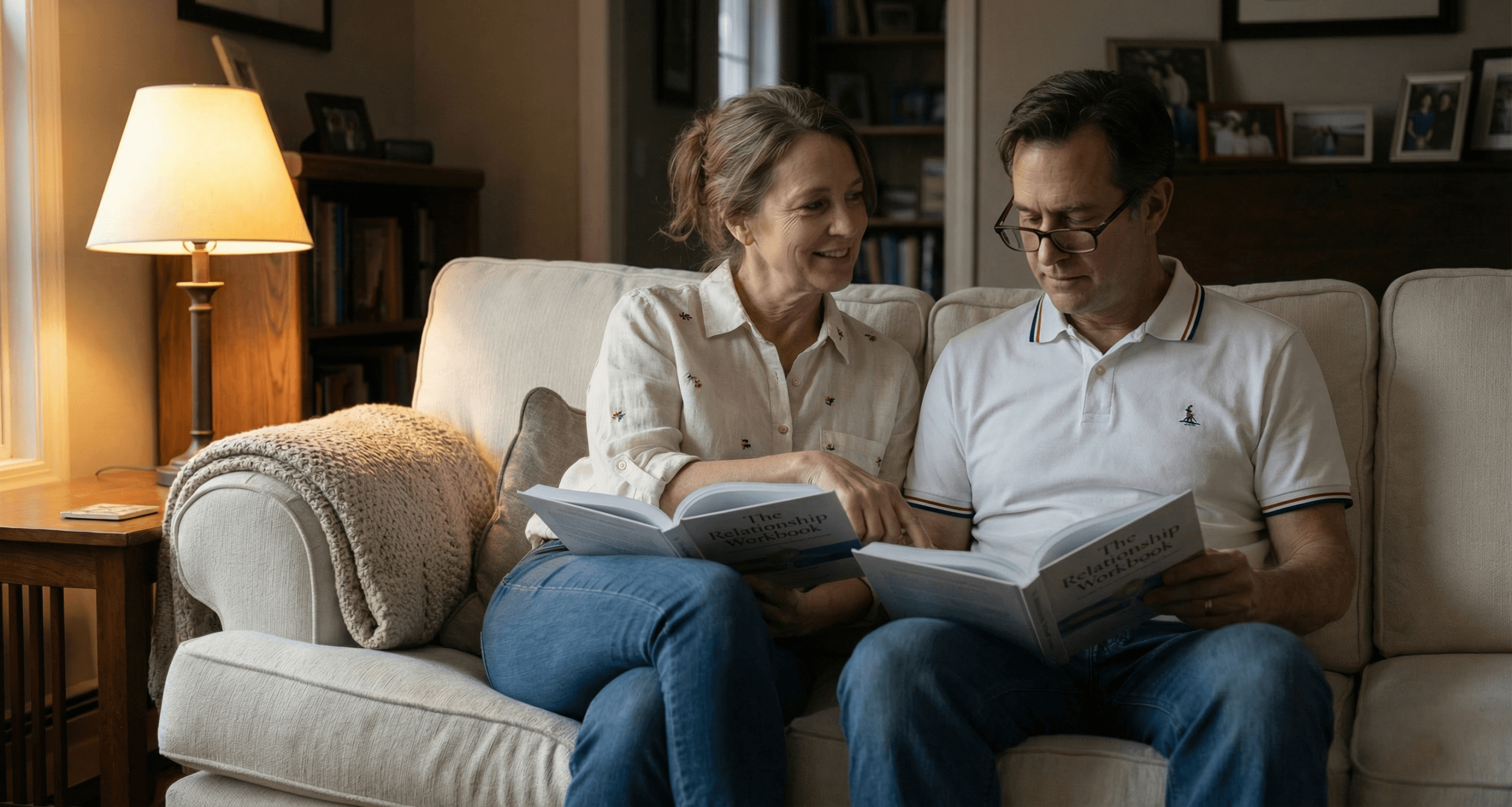 Couple on couch each holding copy of same attachment theory book with calm engaged expressions in evening light