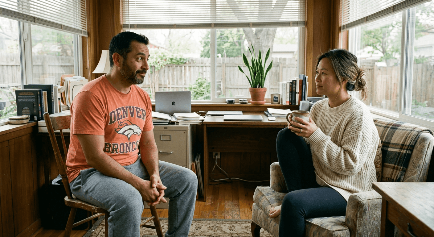 Latino man and Asian woman sitting facing each other with cautious openness showing healthier marriage conflict pattern of re-engagement