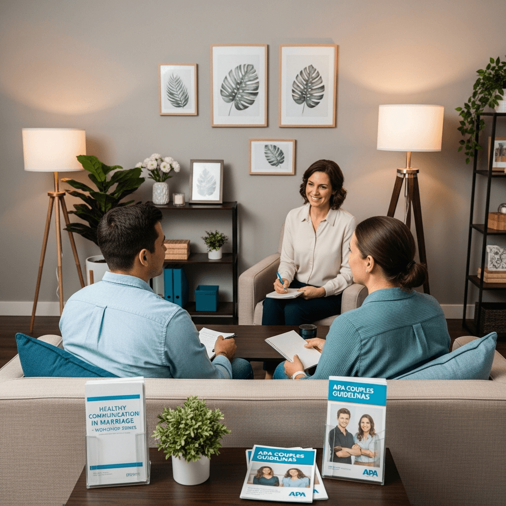 A couple sits together on a beige couch in a therapist’s calm office, engaged in conversation and note‑taking, depicting intimacy in marriage supported through counseling, empathy, and shared learning.
