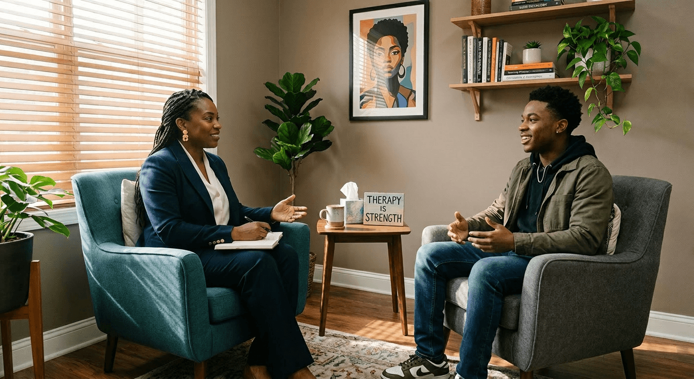 A Black female therapist listens attentively to a young Black male client in a warmly lit counseling office decorated with cultural art and plants, representing psychological well‑being in Black America through culturally responsive care, trust, and representation in therapy.