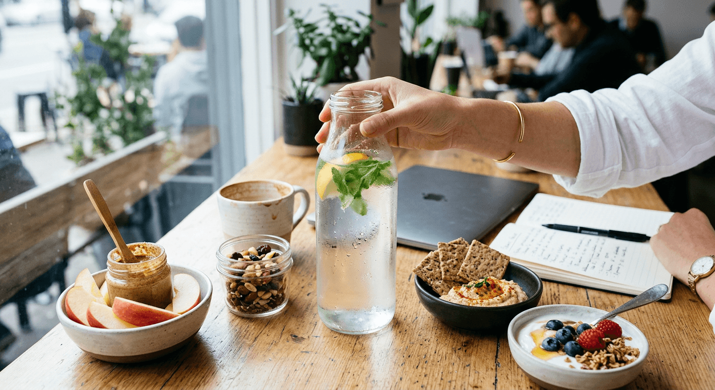 A hand reaches for a citrus‑infused water bottle beside fruit, yogurt, and nuts on a bright desk, illustrating balancing carbs protein fat energy through smart snacking and hydration for steady mid‑day focus.