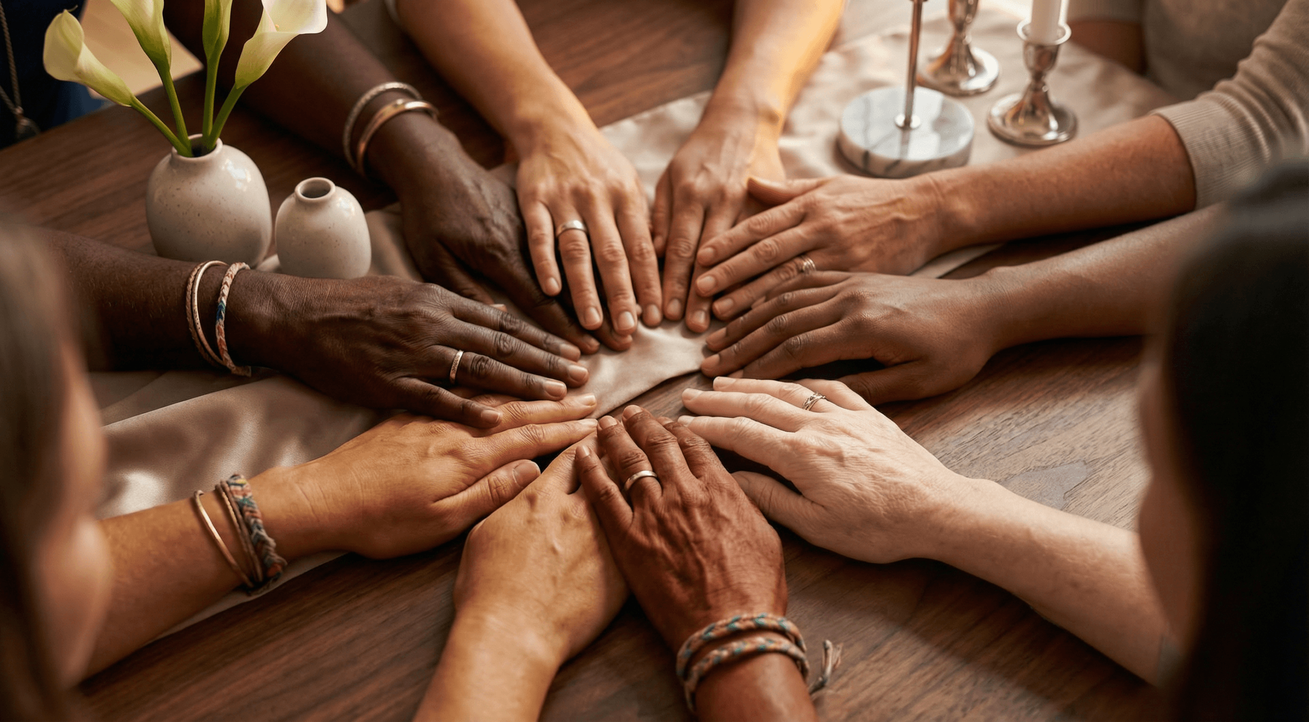 Diverse women’s hands rest gently in a circle on a wooden table, expressing redefining strength through intersectional identity, shared support, and unity that honors both individuality and collective resilience.