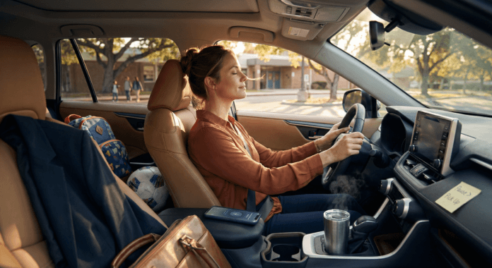 A working mother rests in her parked car at golden hour, eyes closed in steady breath, illustrating working mother fatigue recovery through brief mindful pauses between job and family life.