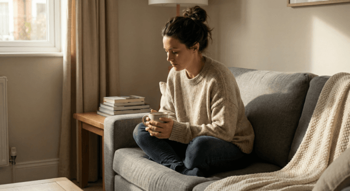 emotional-distance-in-relationships-quiet-reflection.jpg Woman sitting alone on sofa holding mug with thoughtful distant expression in soft afternoon light