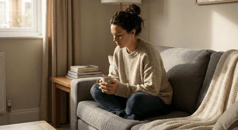 Woman sitting alone on sofa holding mug with thoughtful distant expression in soft afternoon light