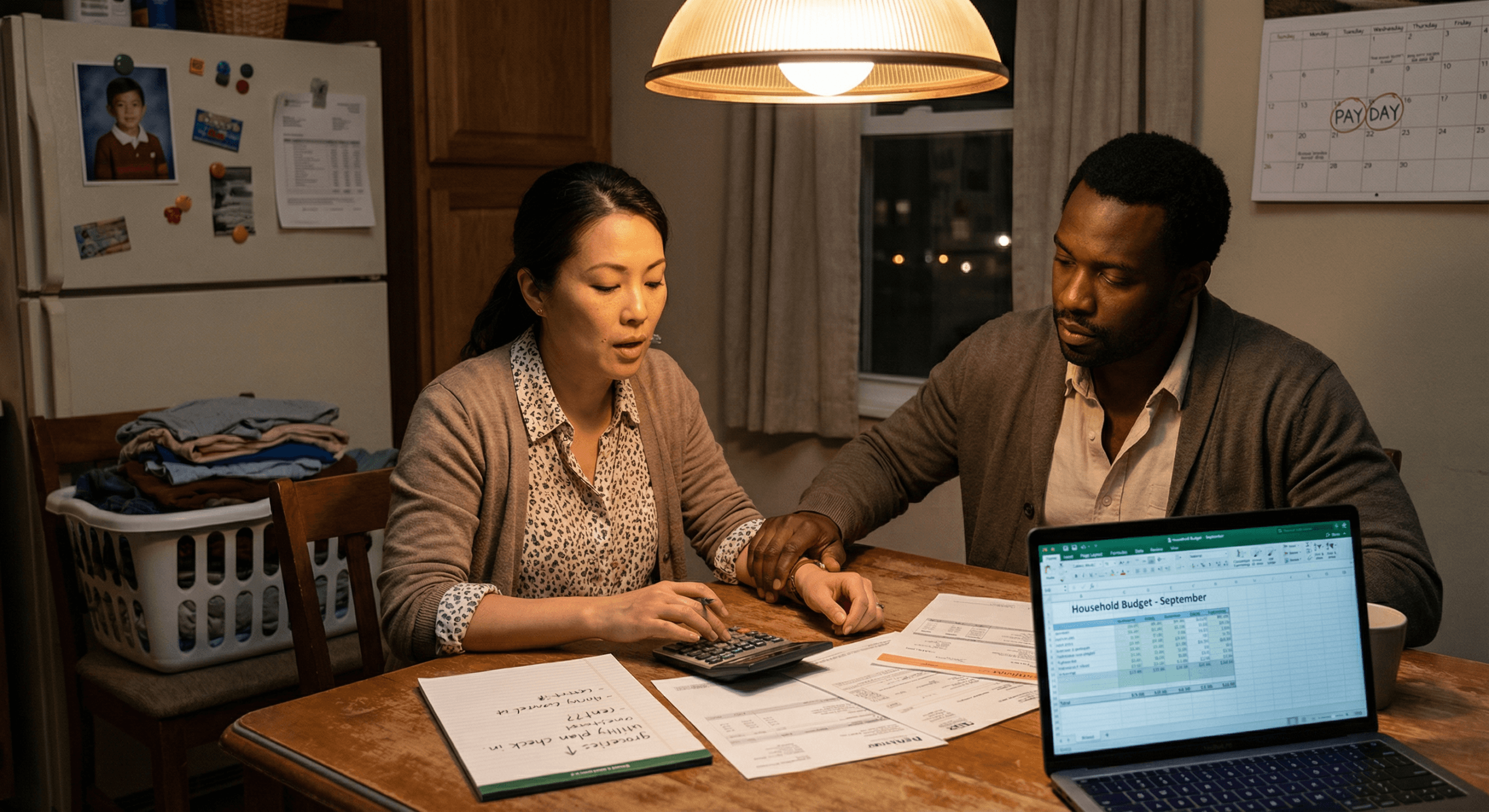 A tired couple sits at a warmly lit kitchen table surrounded by bills and a laptop, highlighting financial disagreements in relationships and how empathy and teamwork can turn money stress into mutual support.