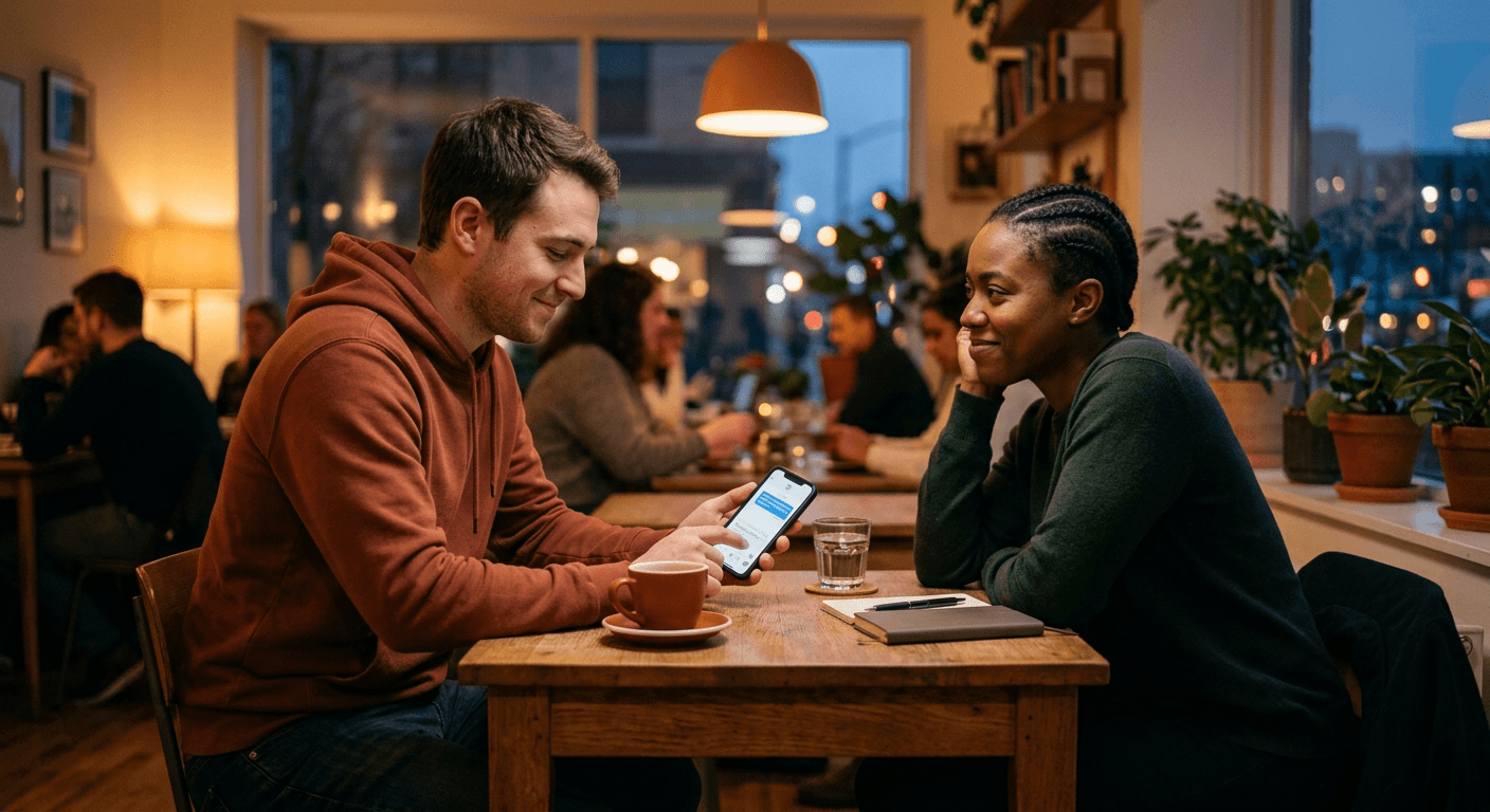 A young adult sends a brief, thoughtful message while a supportive friend smiles across the table, illustrating ghosting and healthy closure through honest communication, empathy, and gentle emotional maturity.