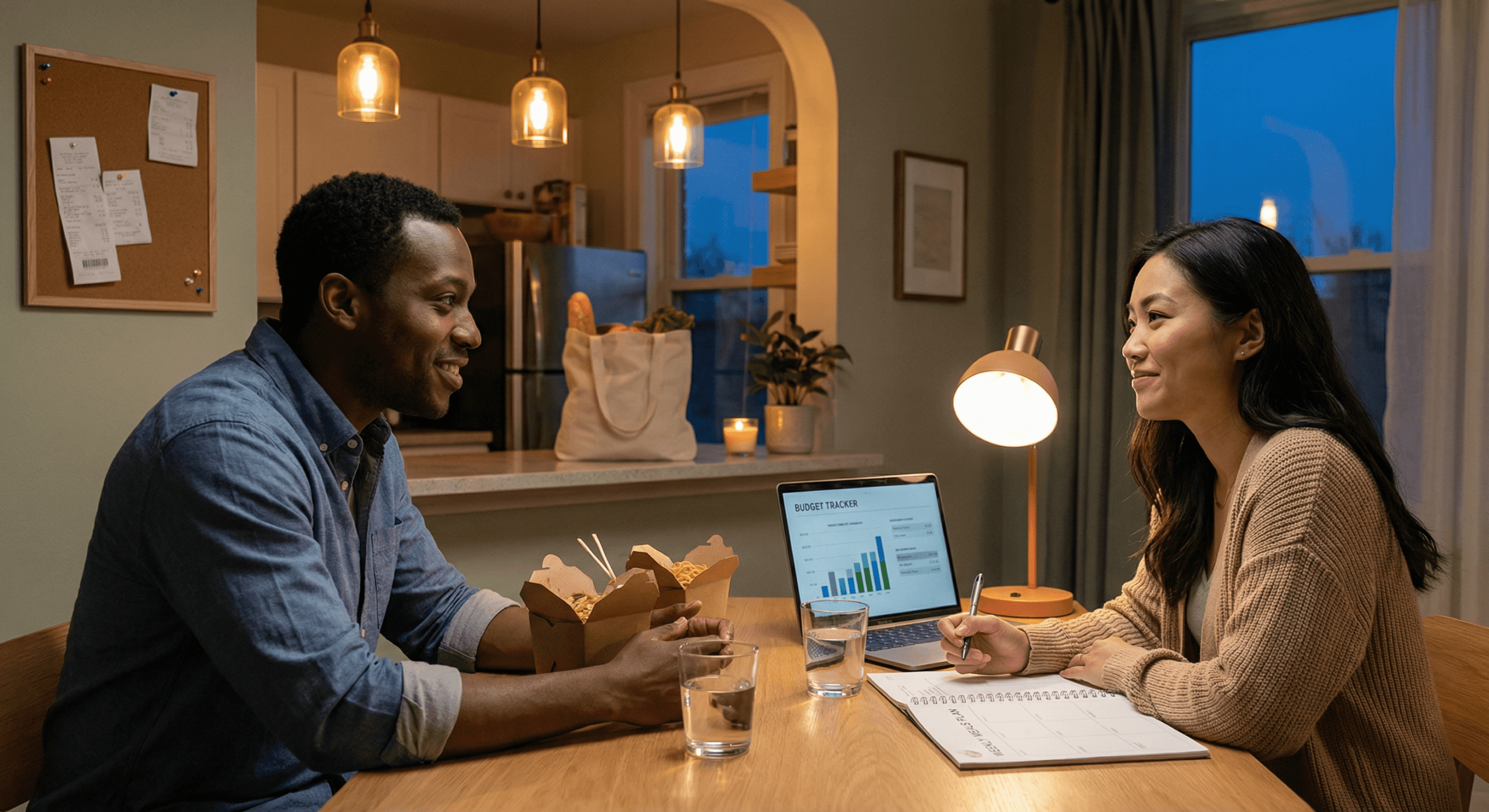 A couple sits calmly at a warmly lit dining table with takeout boxes and a budgeting app between them, showing financial disagreements in relationships resolved through open conversation, humor, and shared planning.