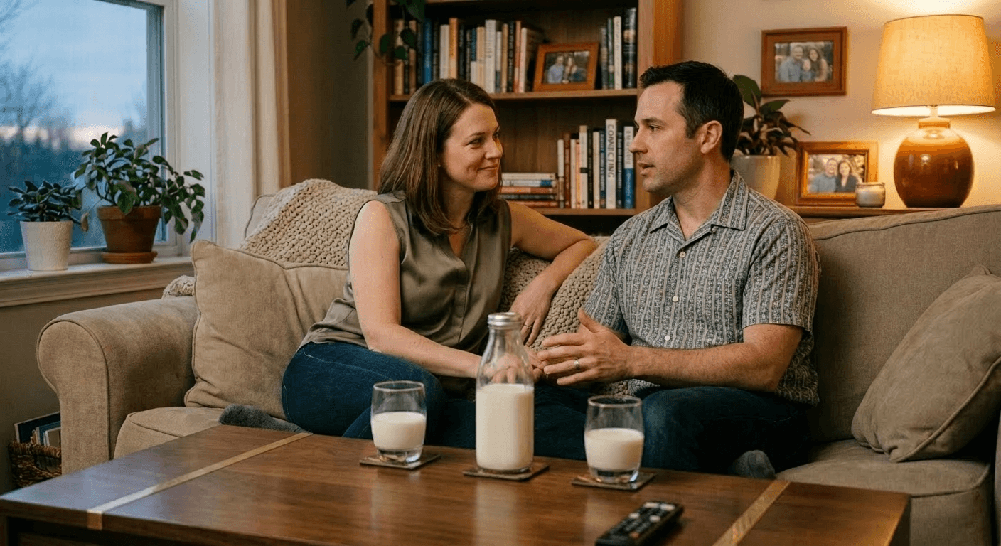 A married couple sits side‑by‑side on a warm‑lit sofa, talking softly and holding hands, illustrating intimacy in marriage through calm communication, gentle curiosity, and everyday emotional safety.