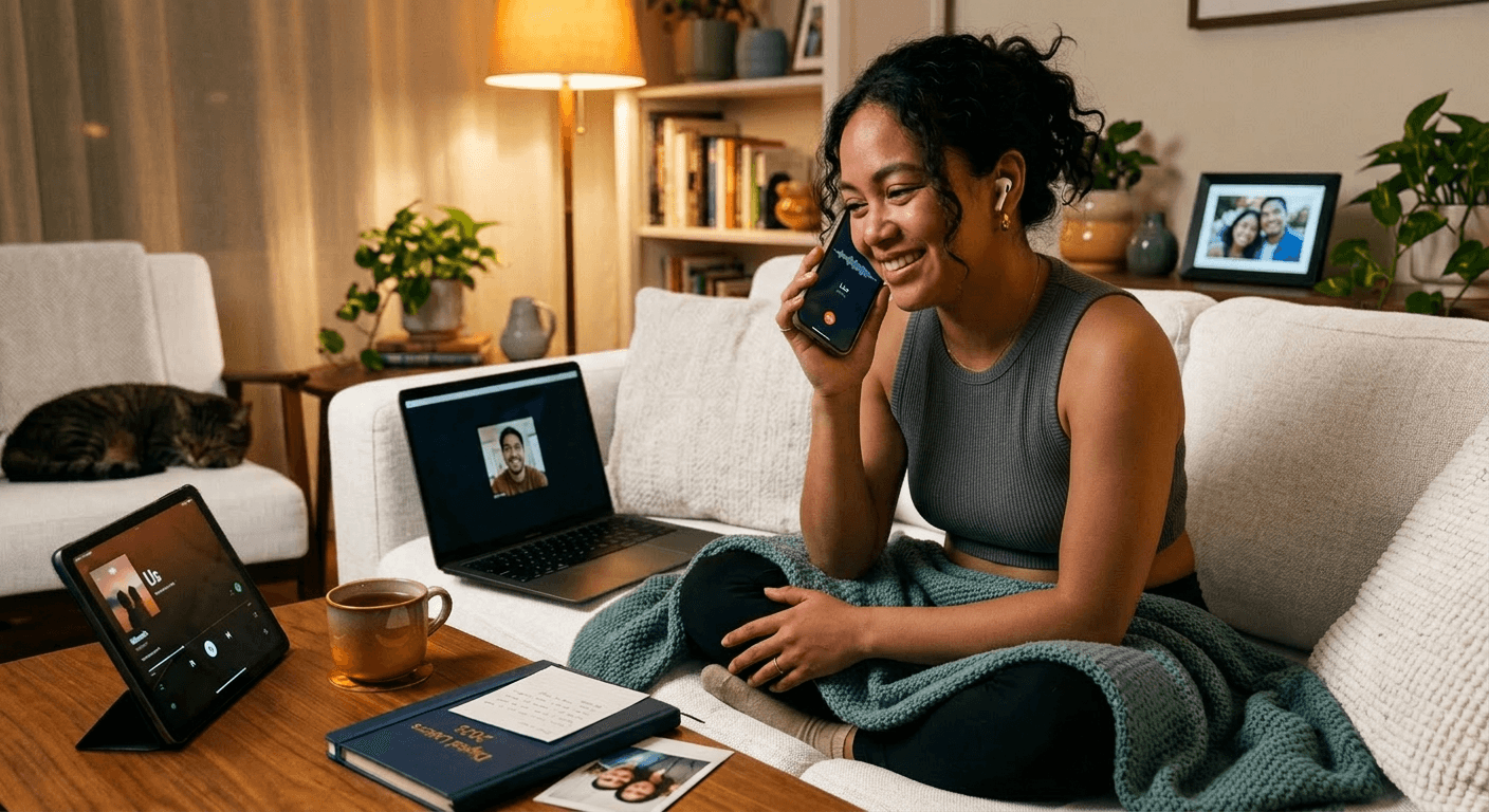 A woman smiles softly while listening to a voice message from her partner in warm lamplight and cool screen glow, symbolizing long‑distance relationship tips like mindful tech use, emotional presence, and affection across distance.