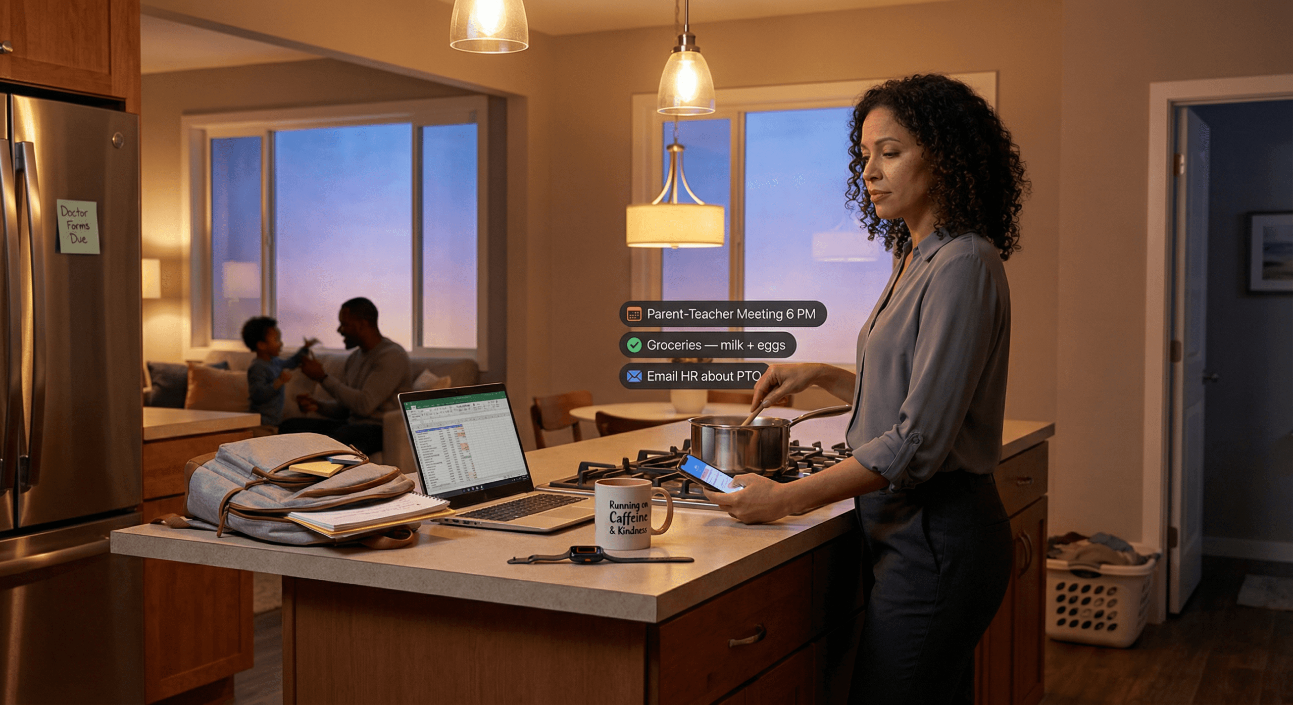 A mother juggles dinner, phone reminders, and family chatter in a warm kitchen at dusk, embodying working mother fatigue recovery as she endures evening multitasking with love, exhaustion, and quiet strength.