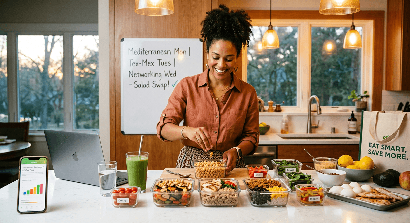 A professional woman arranges colorful meal‑prep containers on her kitchen island at dusk, embodying smart nutrition for working women through planning, balance, and intentional everyday wellness.