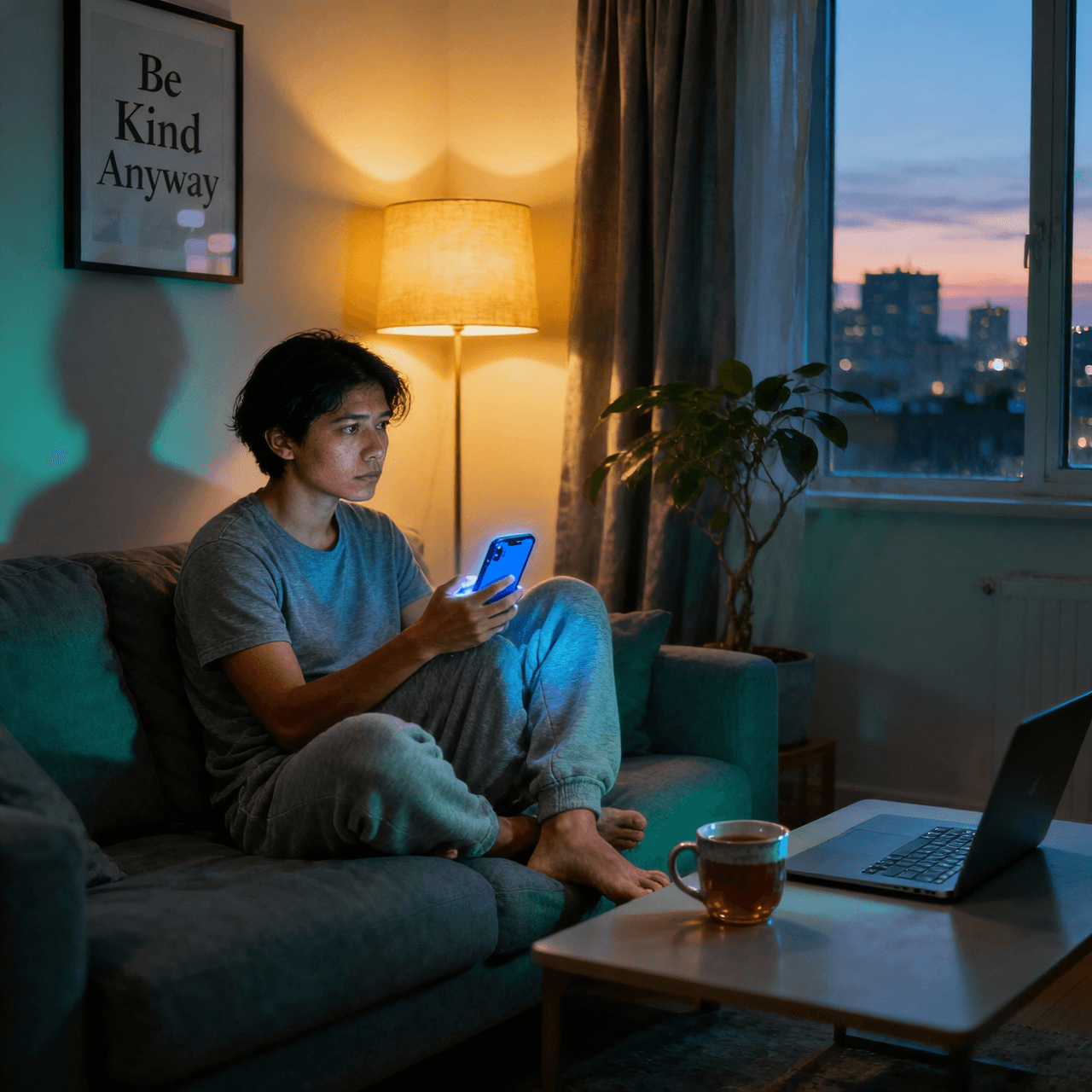 A person sits quietly on a dimly lit couch, phone glowing in their hand, expressing ghosting and healthy closure through the tension of digital silence and the search for empathy within emotional distance.